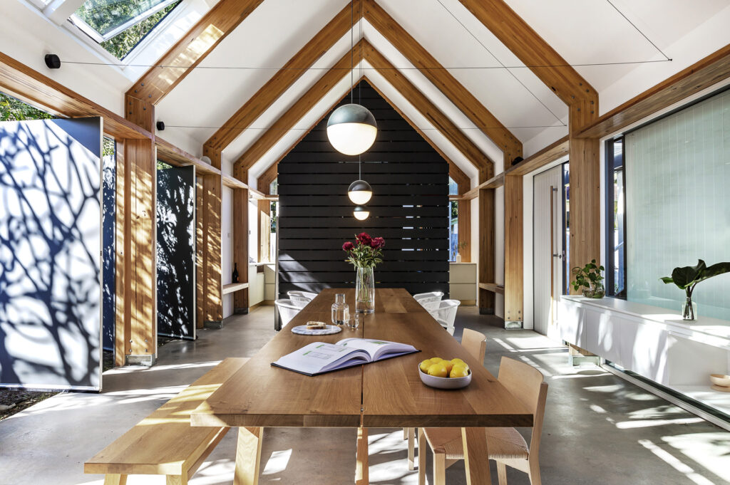 Cathedral like interior with dining table